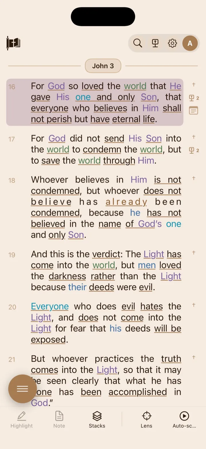 The Reader with Search, sermon recording, Settings, and Account controls at the top.