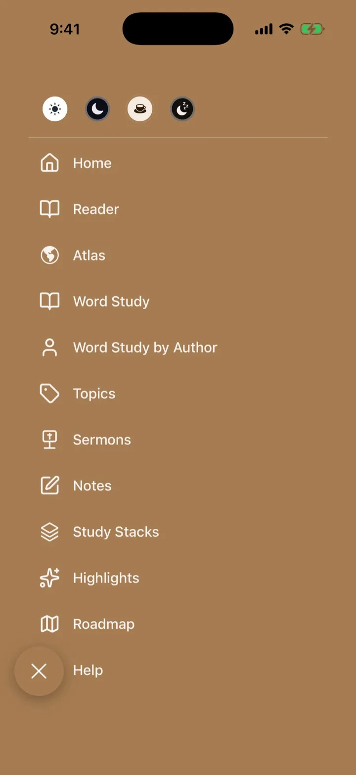 The four theme choices — Light, Dark, Sepia, and Bedtime — at the top of the main menu.
