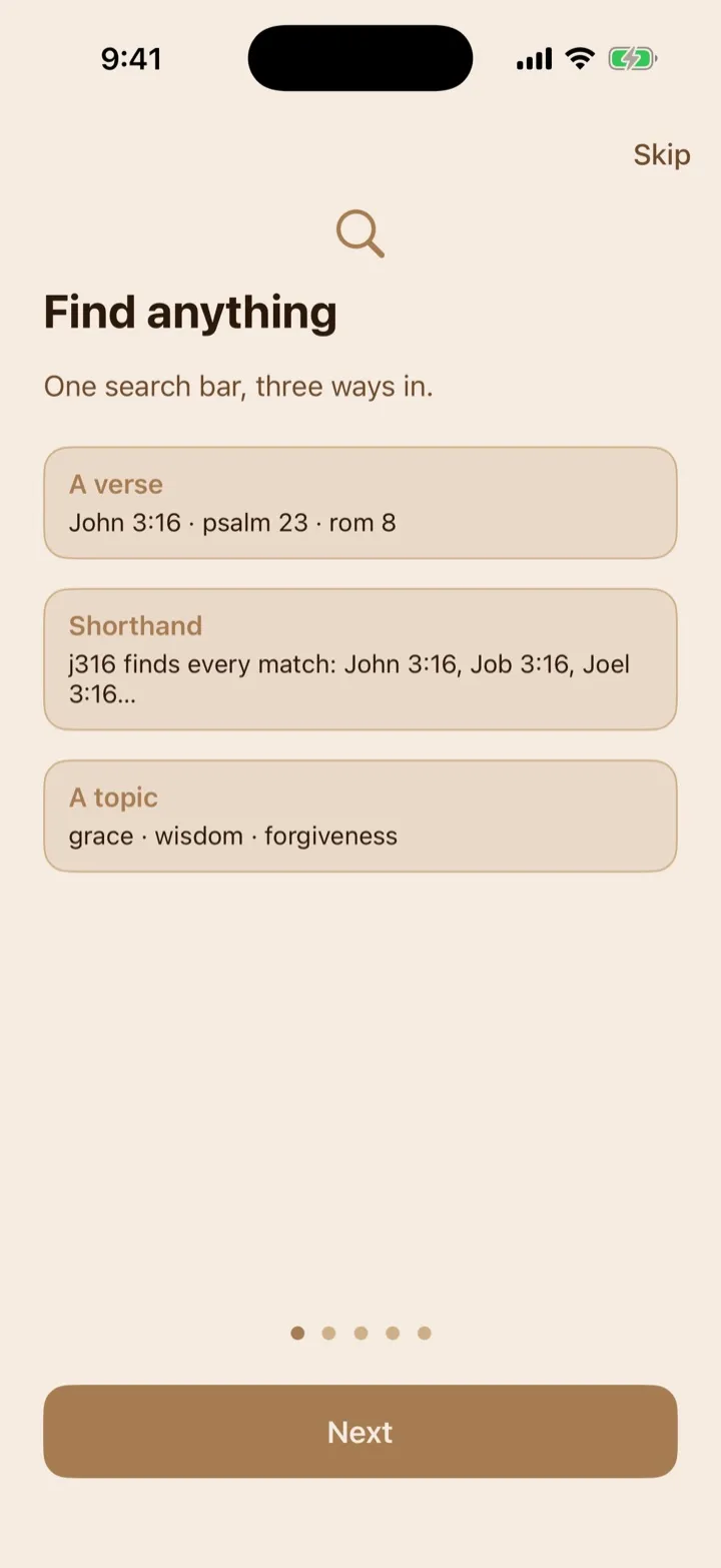 The onboarding search lesson with verse, shorthand, and topic examples.