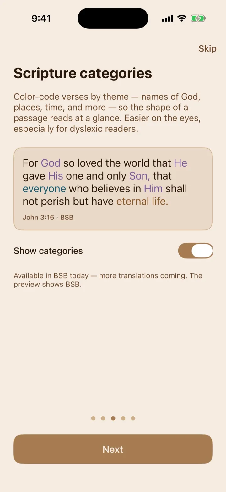 The onboarding Scripture categories step with a color-coded John 3 preview.