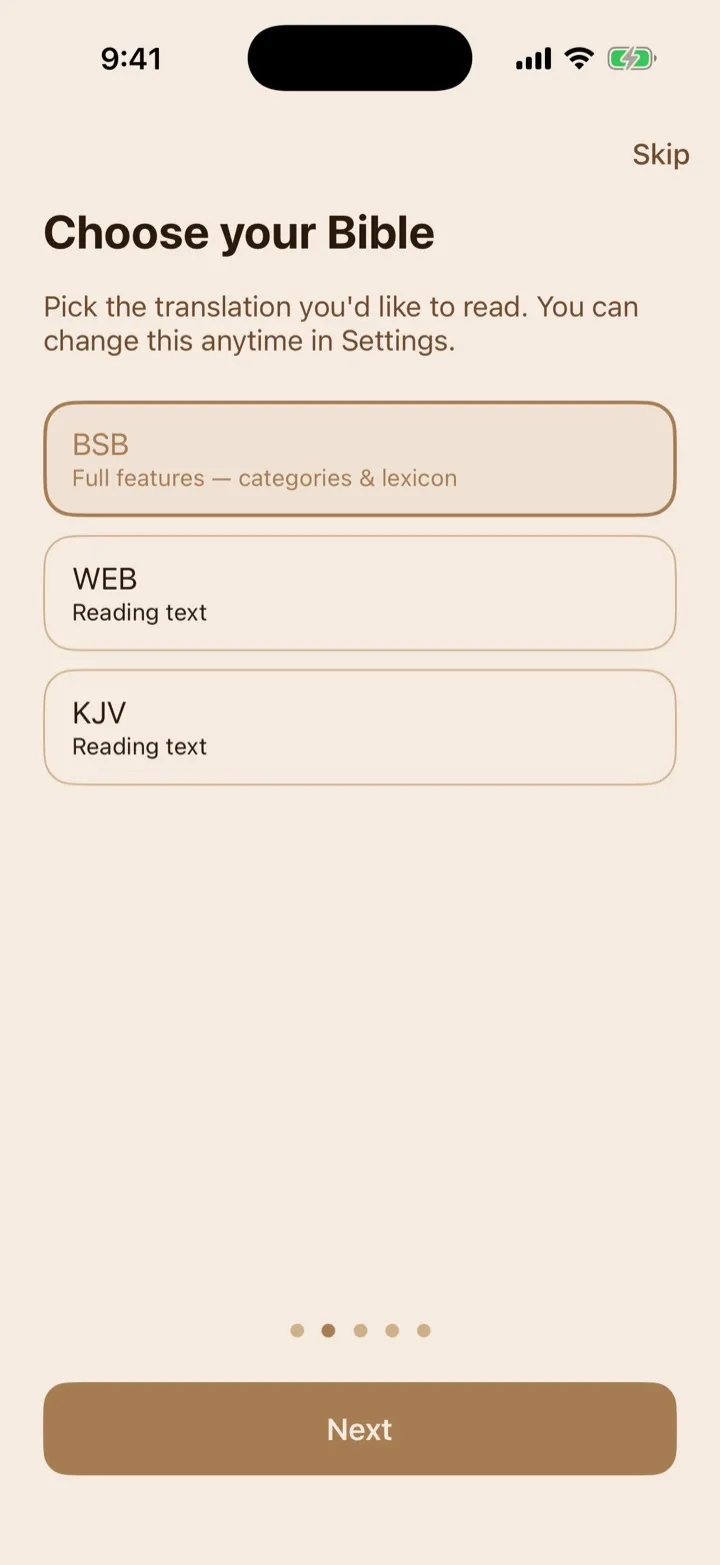 The onboarding Choose your Bible step with BSB, WEB, and KJV choices.