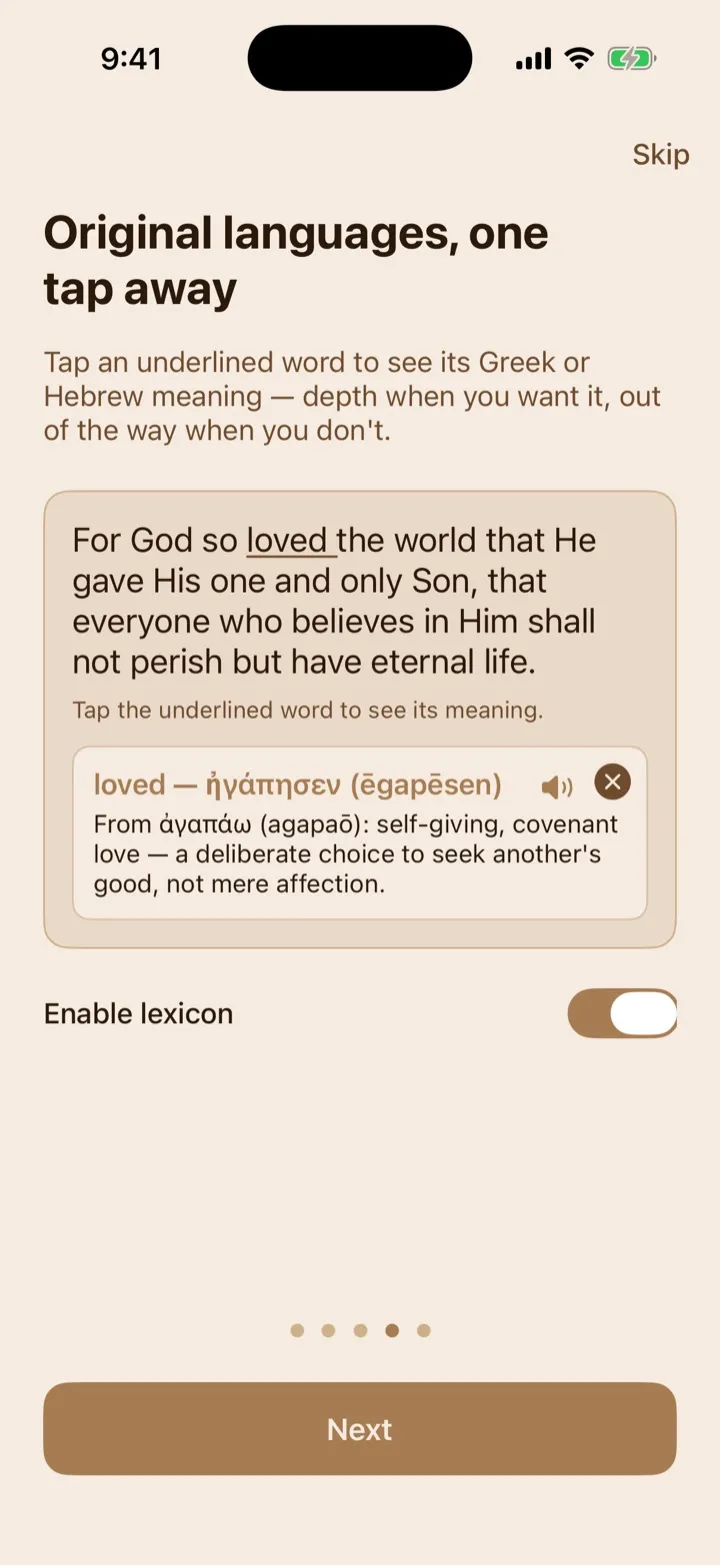 The onboarding original-language preview with a word definition open.