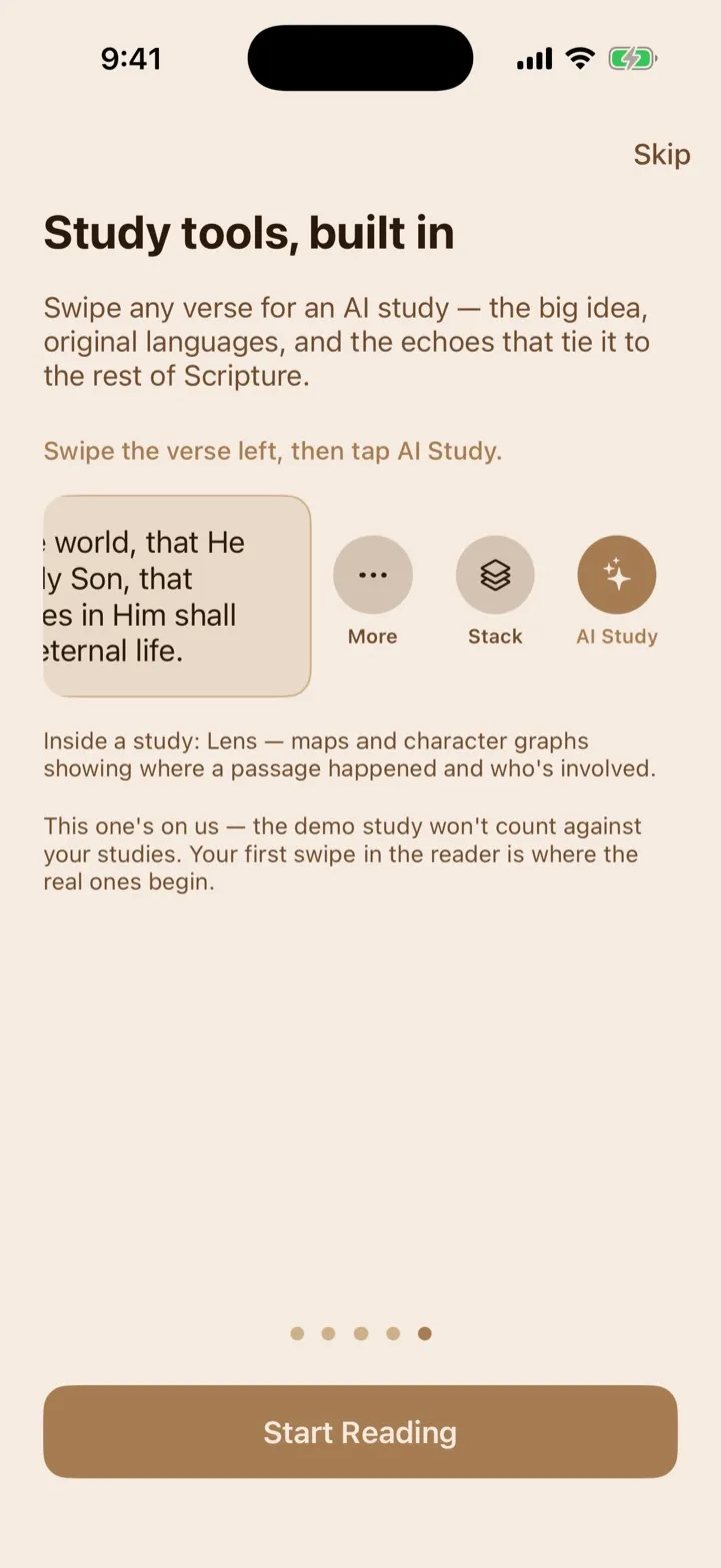 The onboarding study-tools lesson with verse swipe actions visible.