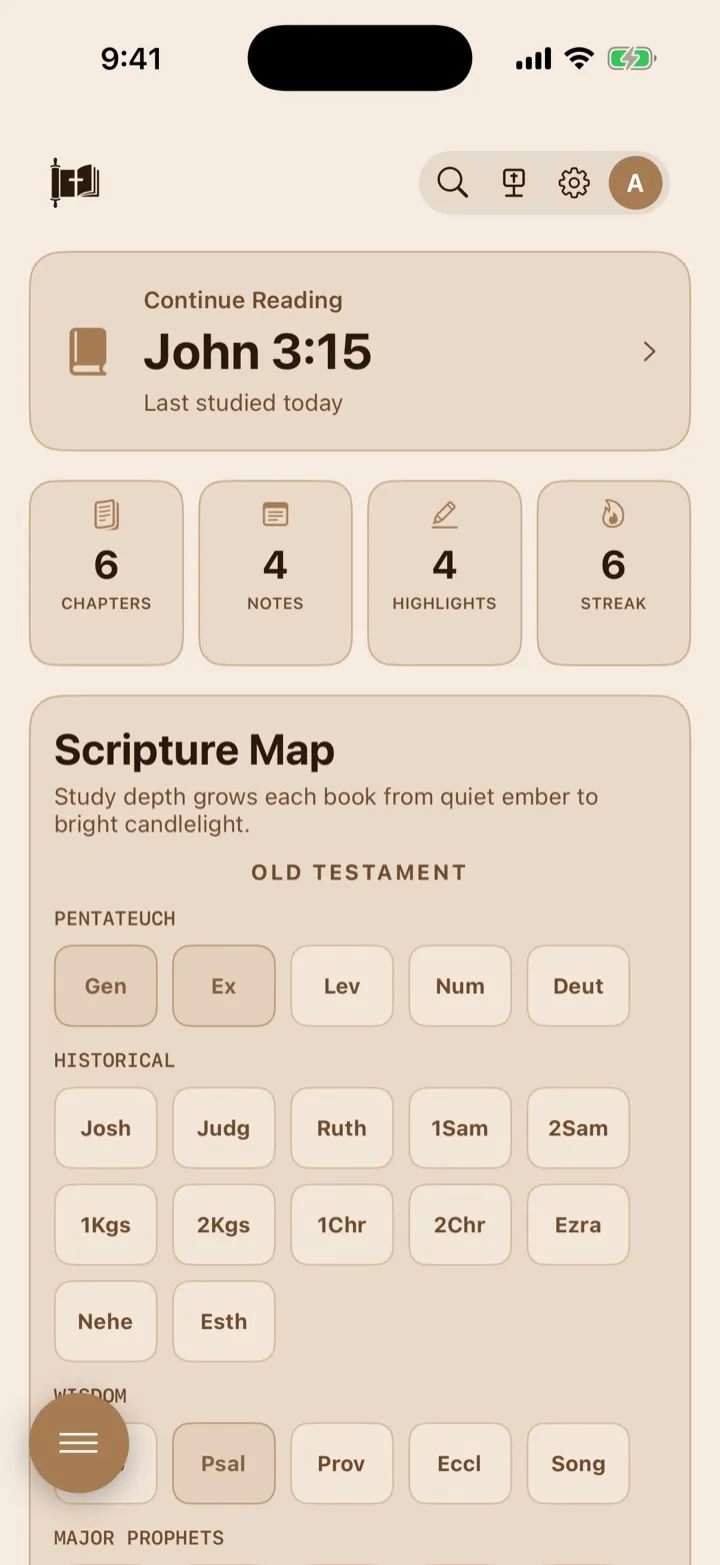 The Home screen with Continue Reading, activity totals, and the Scripture Map.