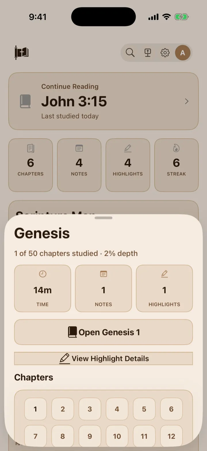 A Home book-detail card for Genesis with progress and chapter choices.