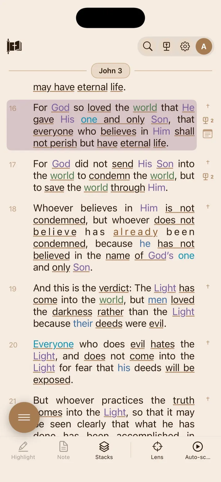 The Scripture Reader with its chapter heading, verse gutter, and study toolbar.