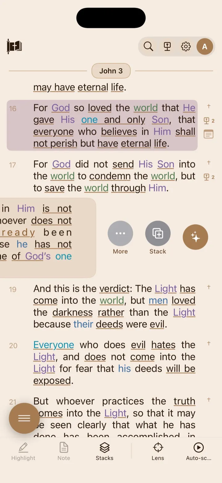 A verse swiped left to reveal More, Stack, and AI Study.