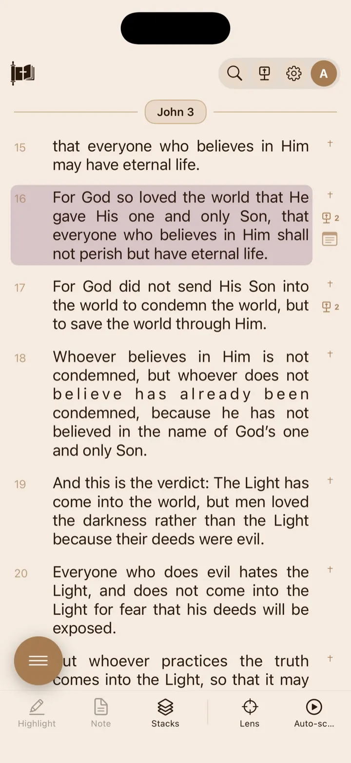 John 3 with cross-reference markers, a sermon badge with its count, and a note marker beside verses.