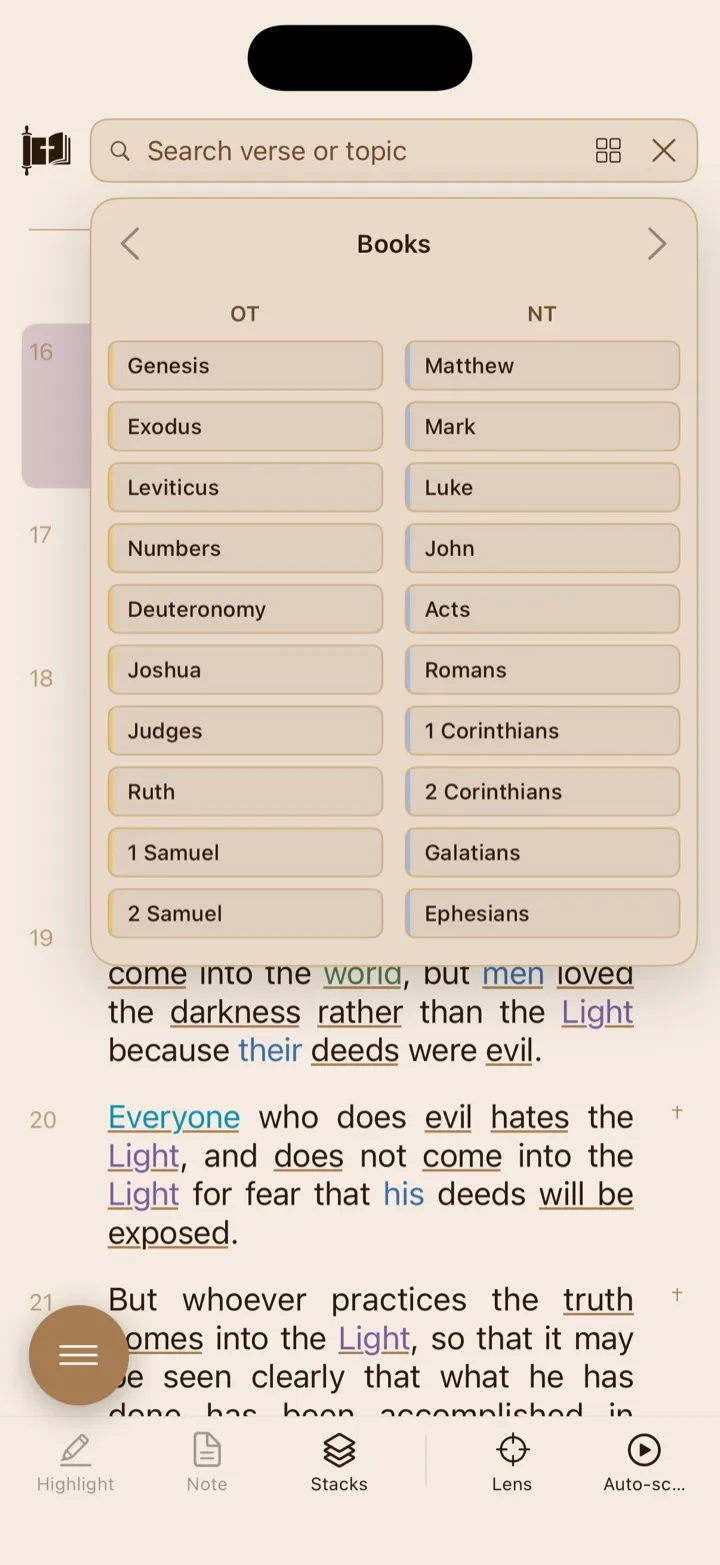 The bento Bible browser showing Old and New Testament books.