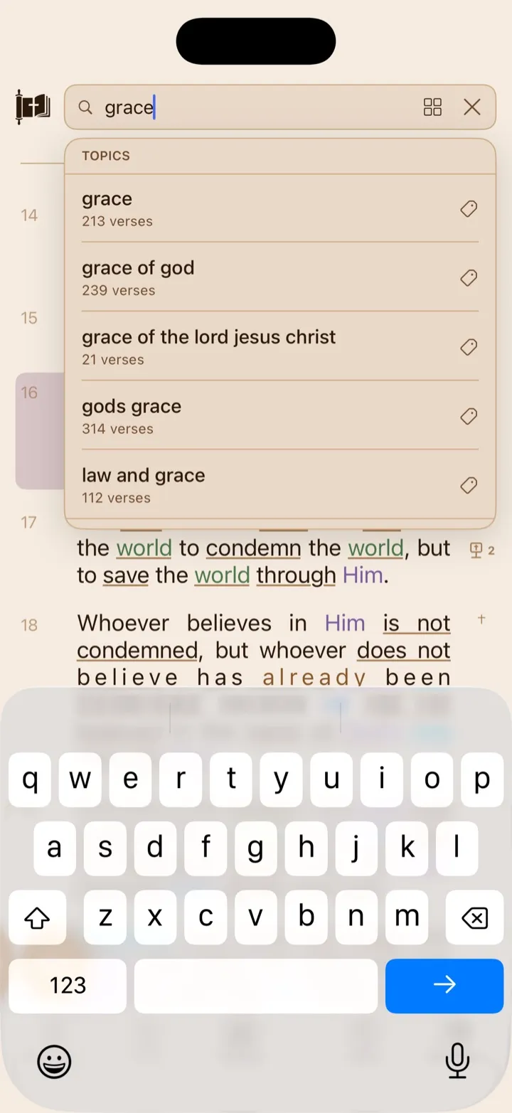 A search for grace showing topic suggestions with verse counts.