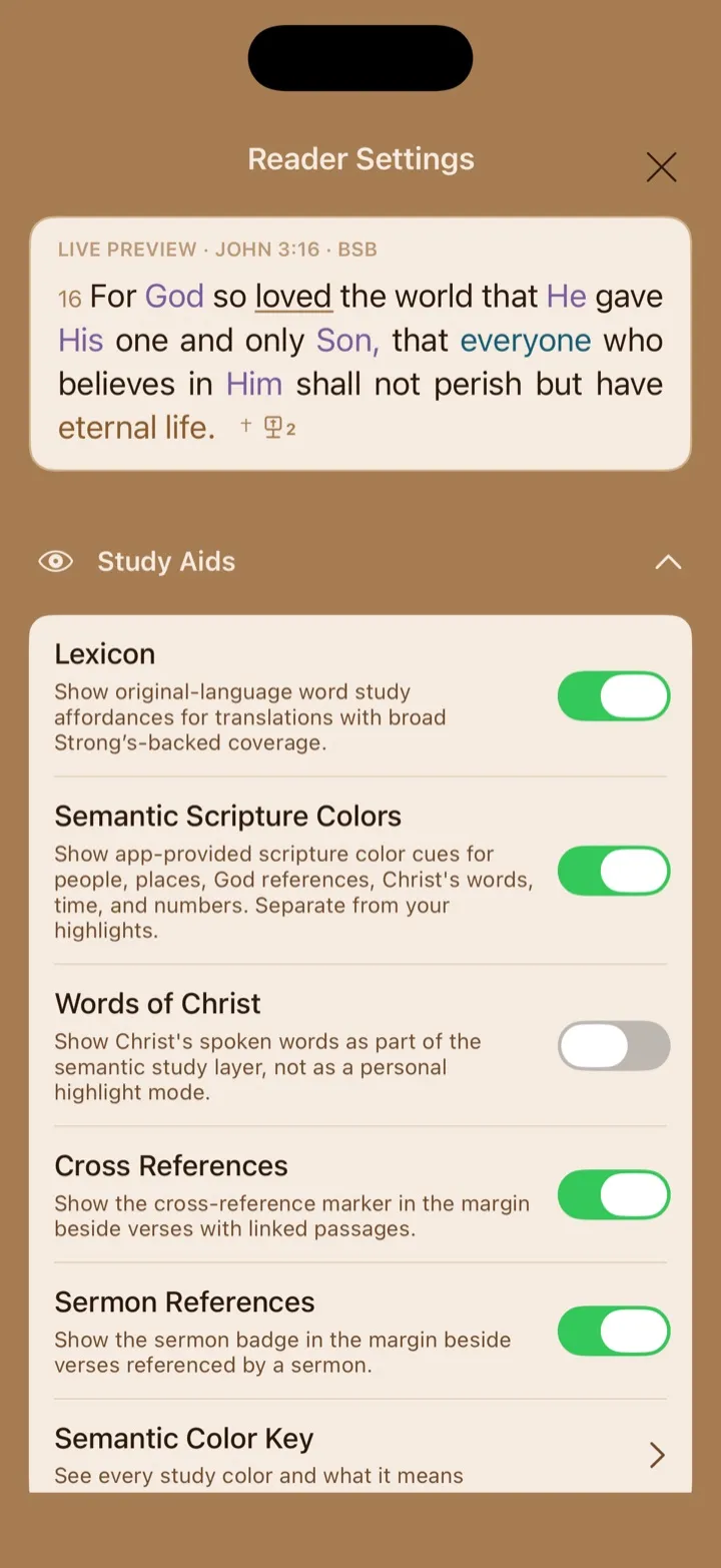 Reader Settings showing the Study Aids controls.