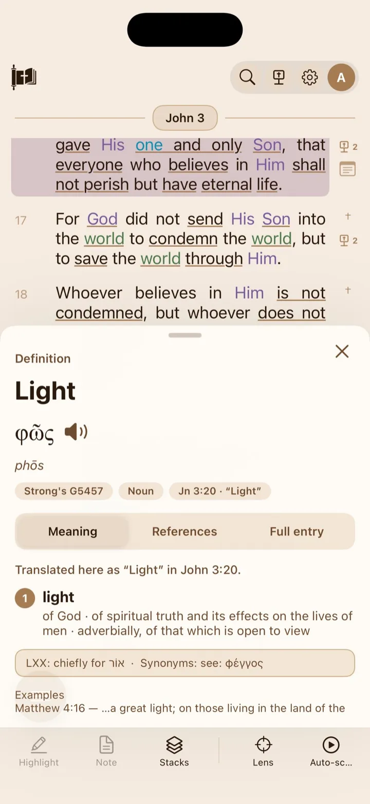 A definition card for Light with its lemma, Strong’s number, and meaning.