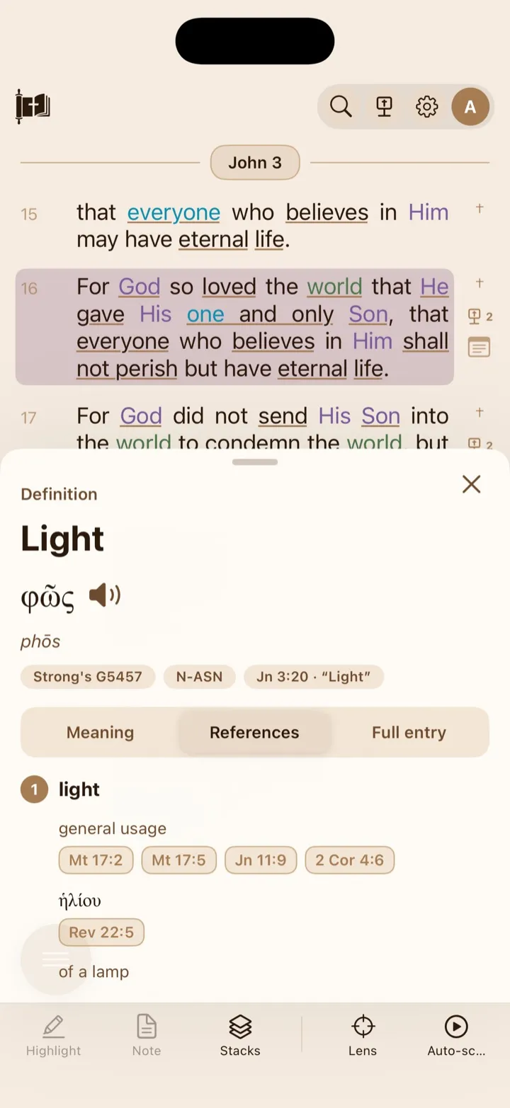The References tab of a definition card listing example passages for Light.