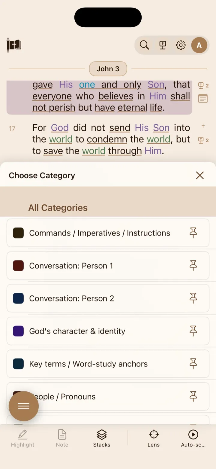 The highlight category picker open for selected Scripture.
