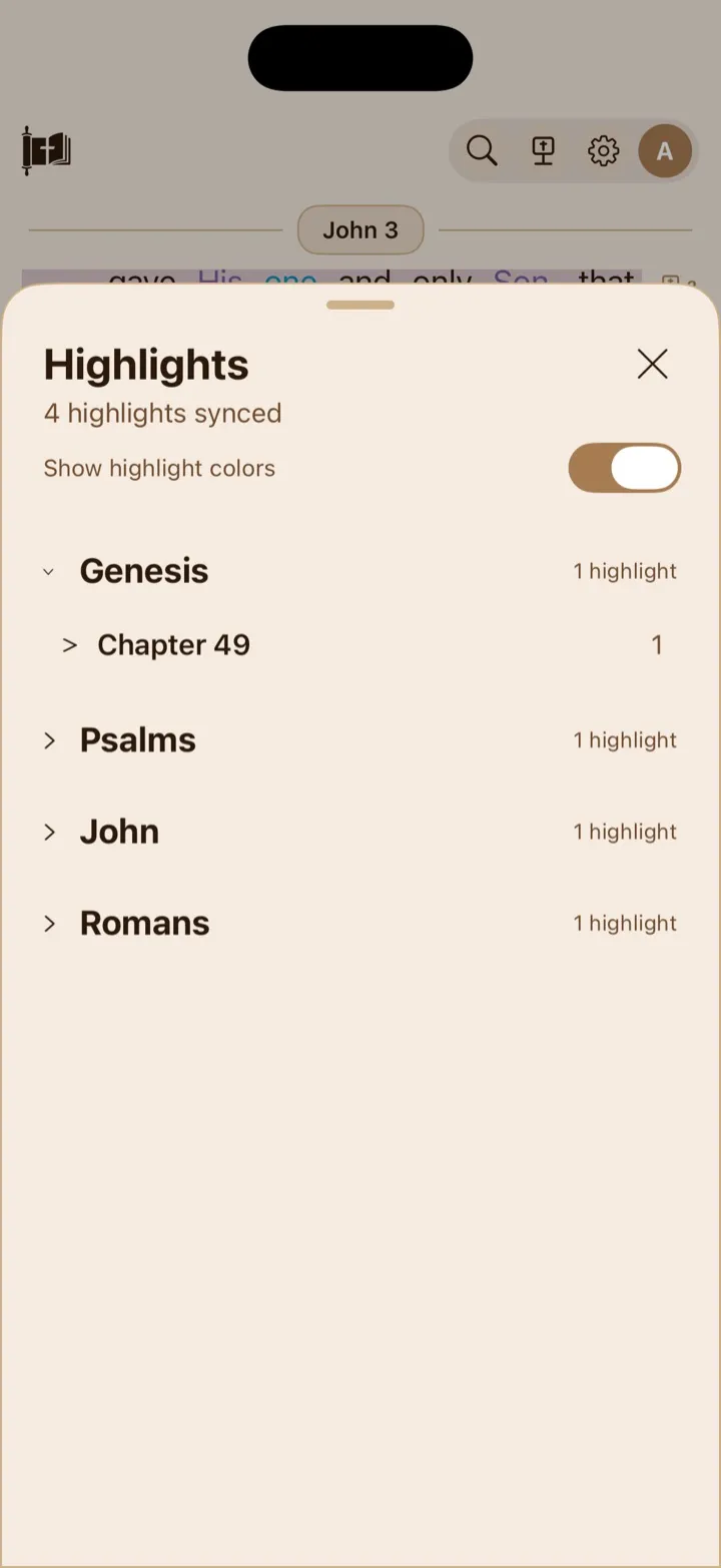 The All Highlights screen grouped by Bible book.