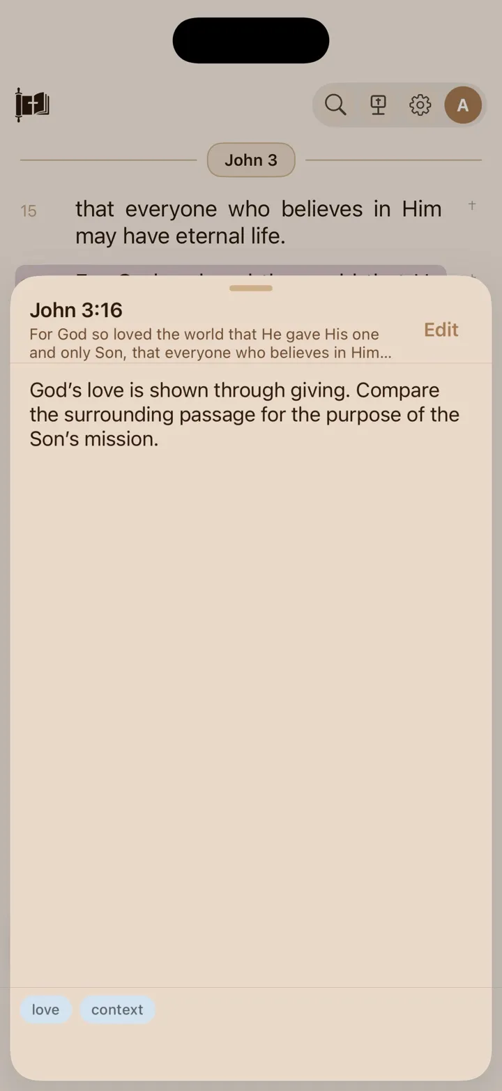 A note card open from the Scripture Reader gutter beside John 3.