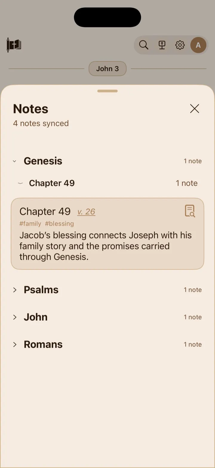 The Notes browser grouped by book and chapter with an expanded sample note.