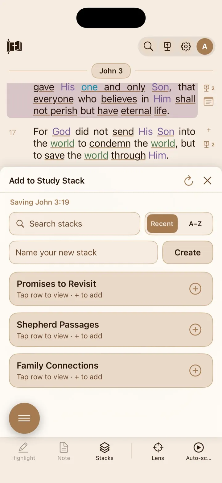 The Add to Study Stack sheet with existing stacks and a new-stack field.