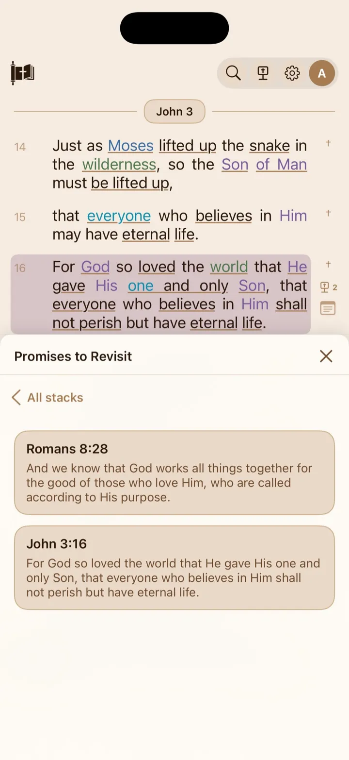 An open stack with saved Scripture passages and the All stacks return control.