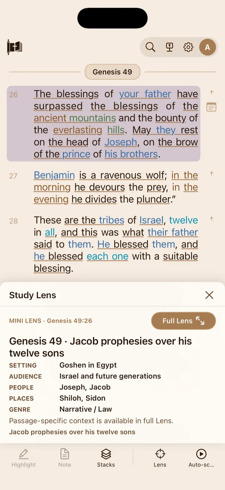 The compact Study Lens following Genesis 49 in the Reader.
