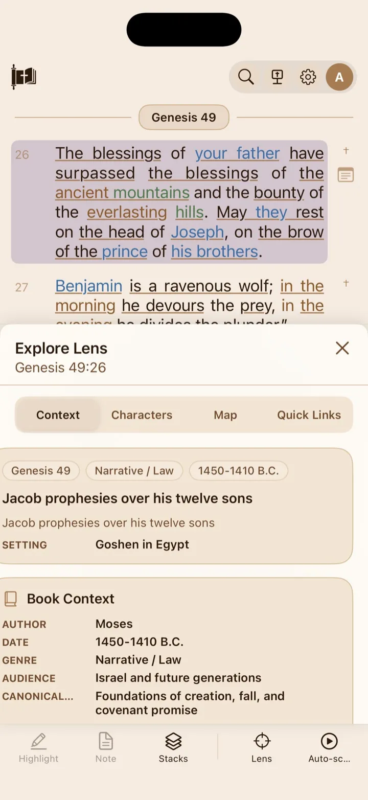 Explore Lens showing Context, Characters, Map, and Quick Links tabs.