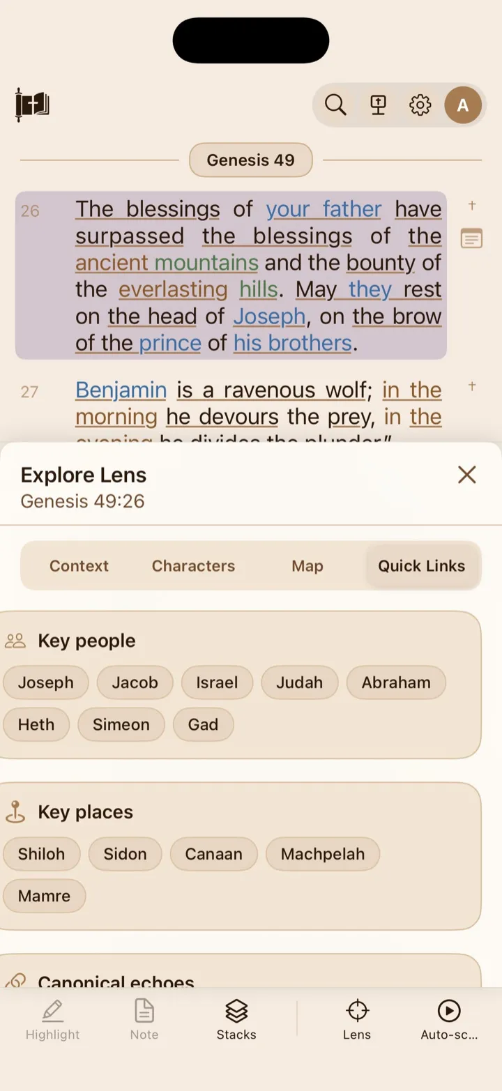 Quick Links cards for key people, key places, and canonical echoes.