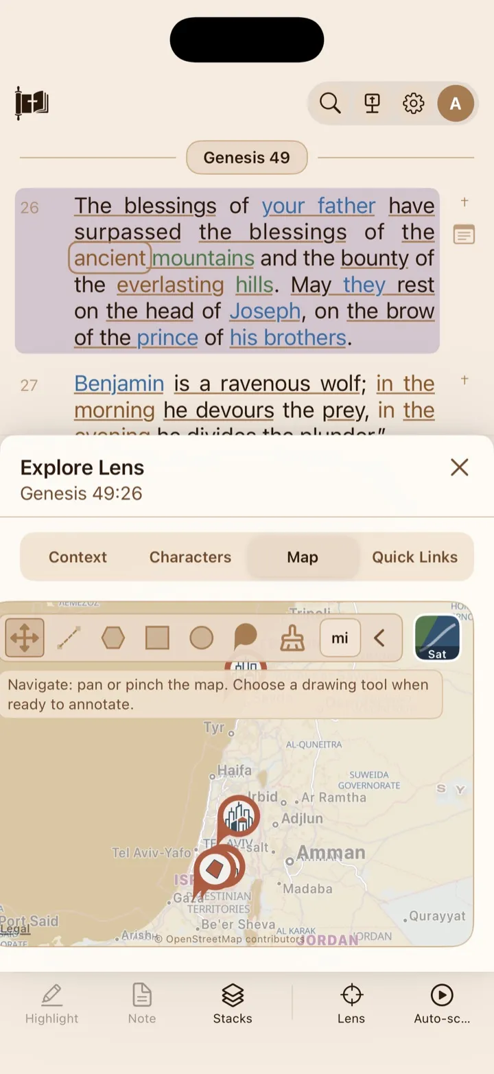 The Lens map with place pins and the drawing and measurement tools expanded.