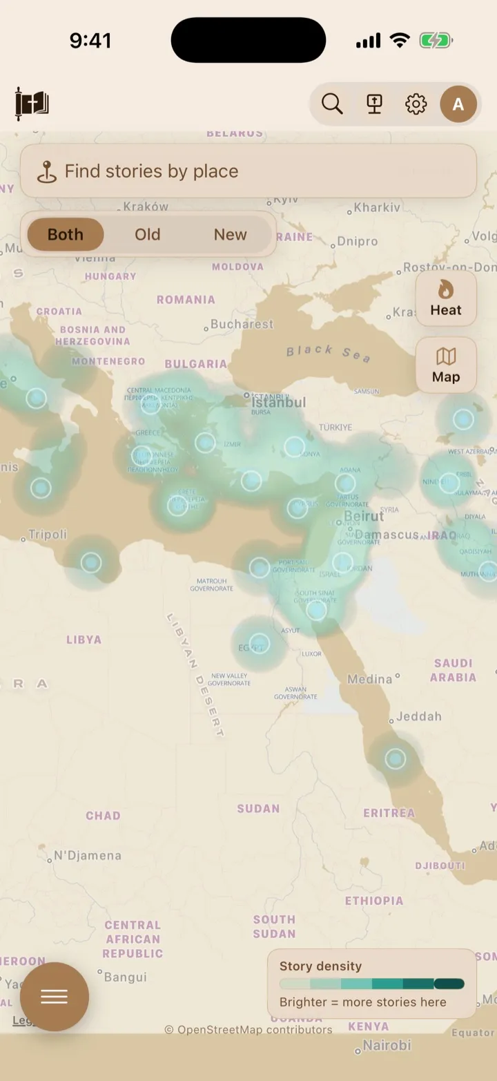 The Atlas showing story density across the biblical world.