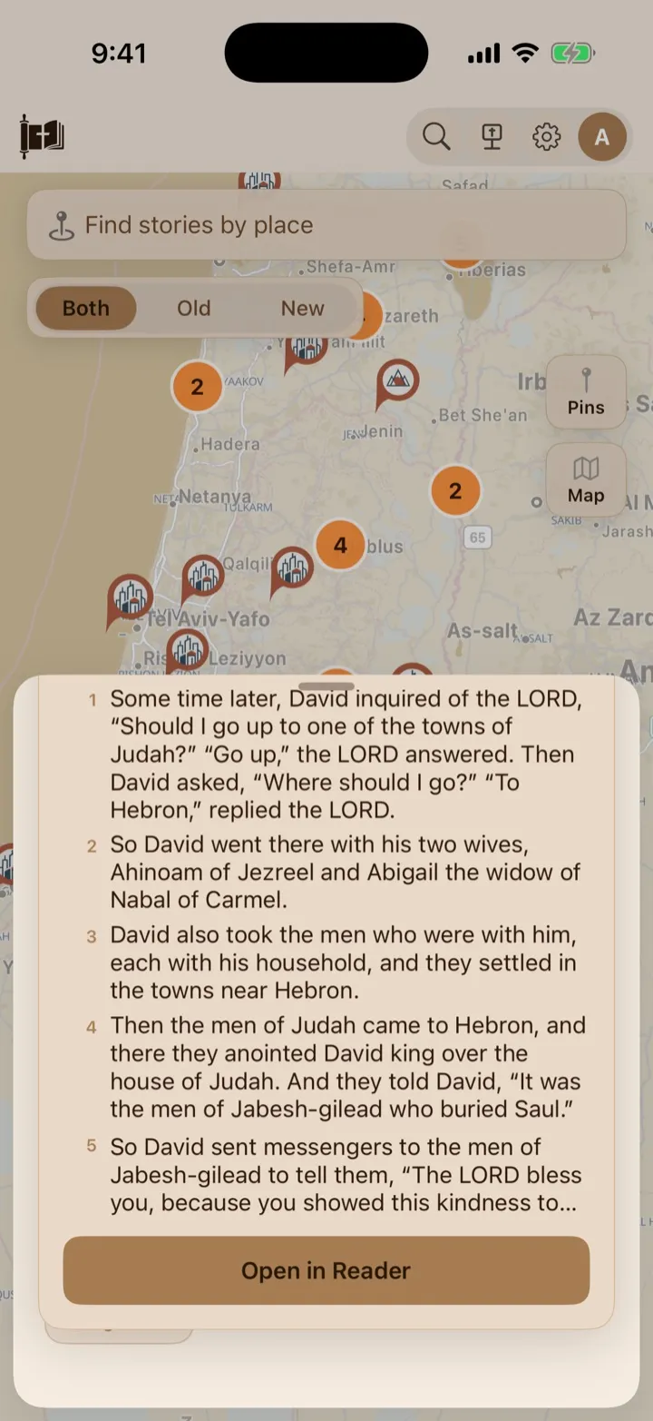 A story’s Scripture preview with the Open in Reader button.