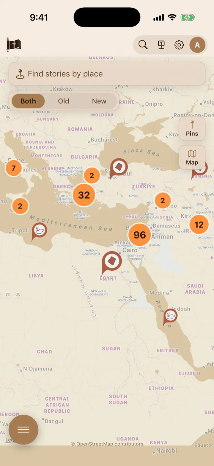 The same region in pin view with numbered story clusters.