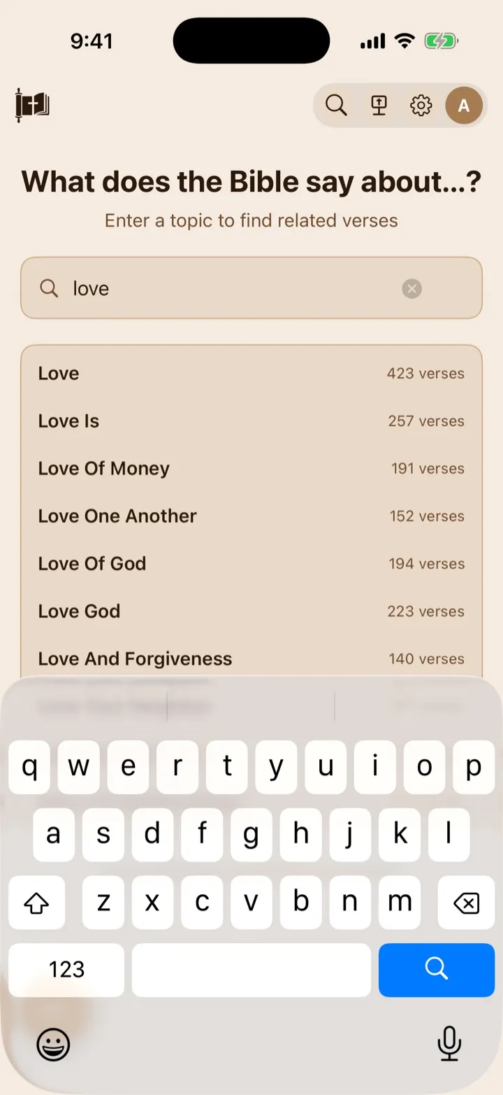 Topic suggestions shown for a search for love.