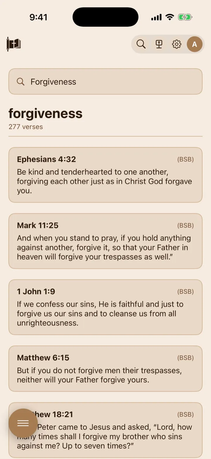 The forgiveness topic with several related Scripture results.
