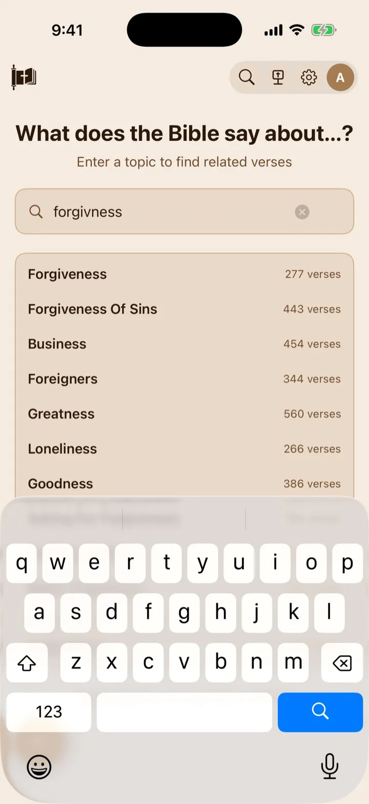 A misspelled search for forgivness with corrected Forgiveness topic suggestions.