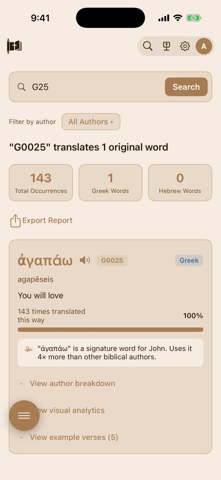 Word Study results for G25, normalized to the Strong’s number G0025.