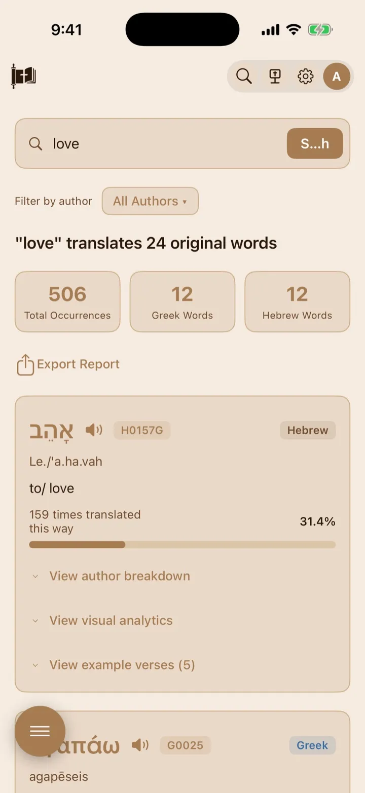 Word Study results for the English word love.