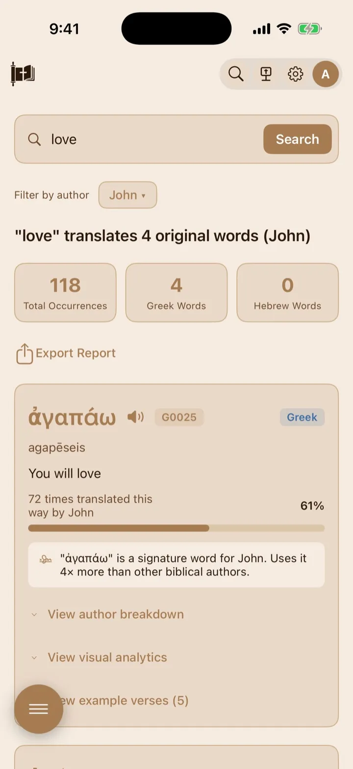 Word Study results filtered to John with an author insight about agapao.