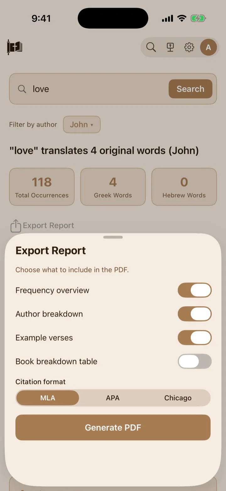 The Export Report sheet with section toggles and citation format choices.