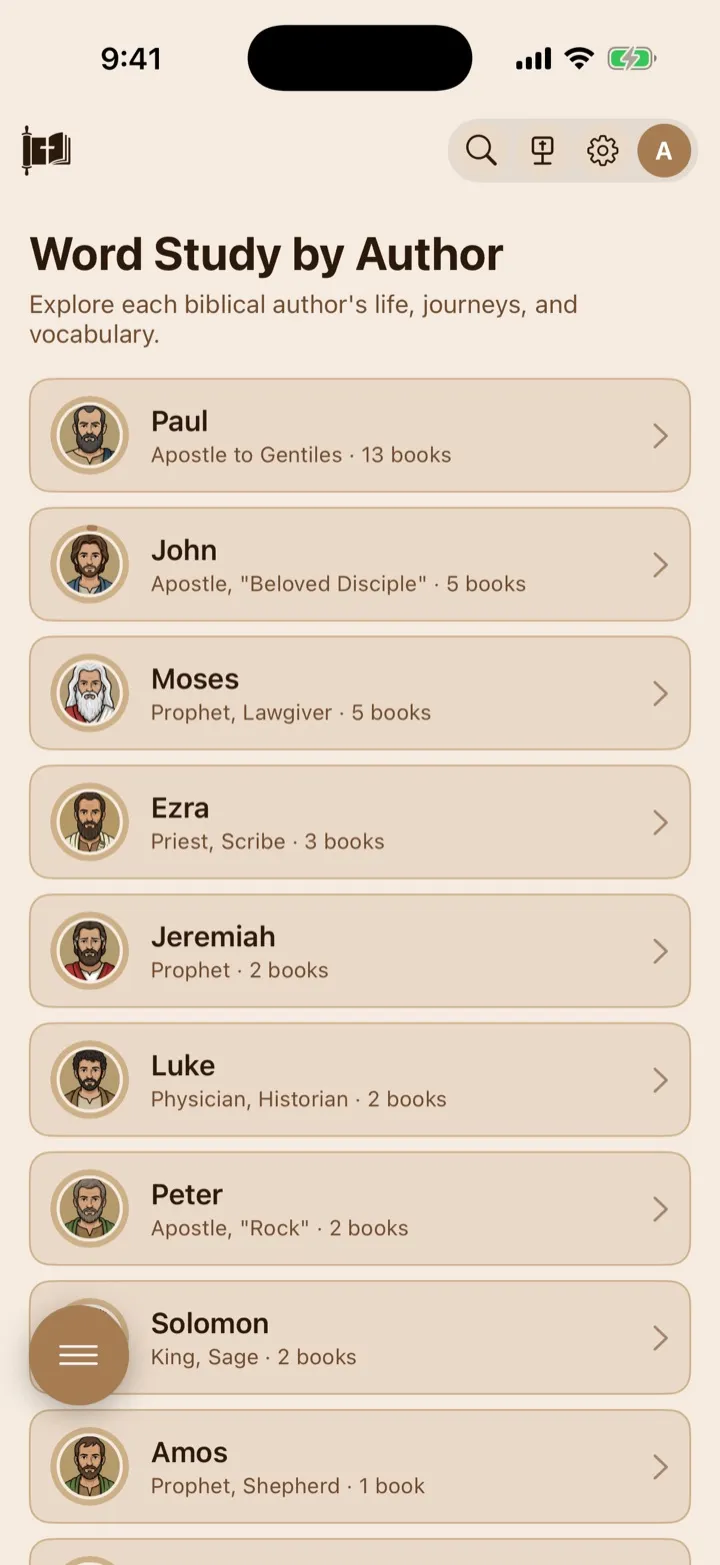 The Word Study by Author selection screen.