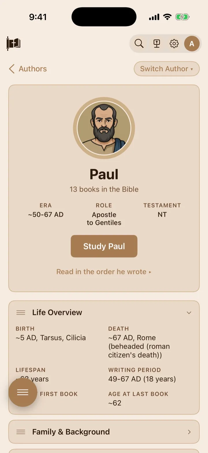 Paul’s author profile with background information and a Study Paul button.