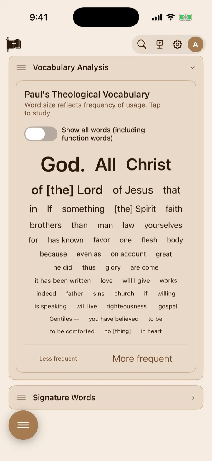 Paul’s theological vocabulary word cloud with the Signature Words section below.
