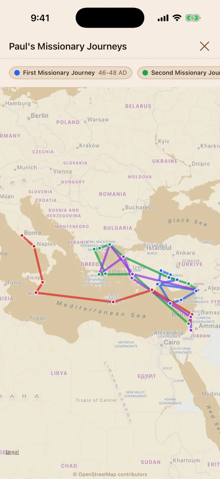 Paul’s four missionary journeys drawn as colored routes on a map.