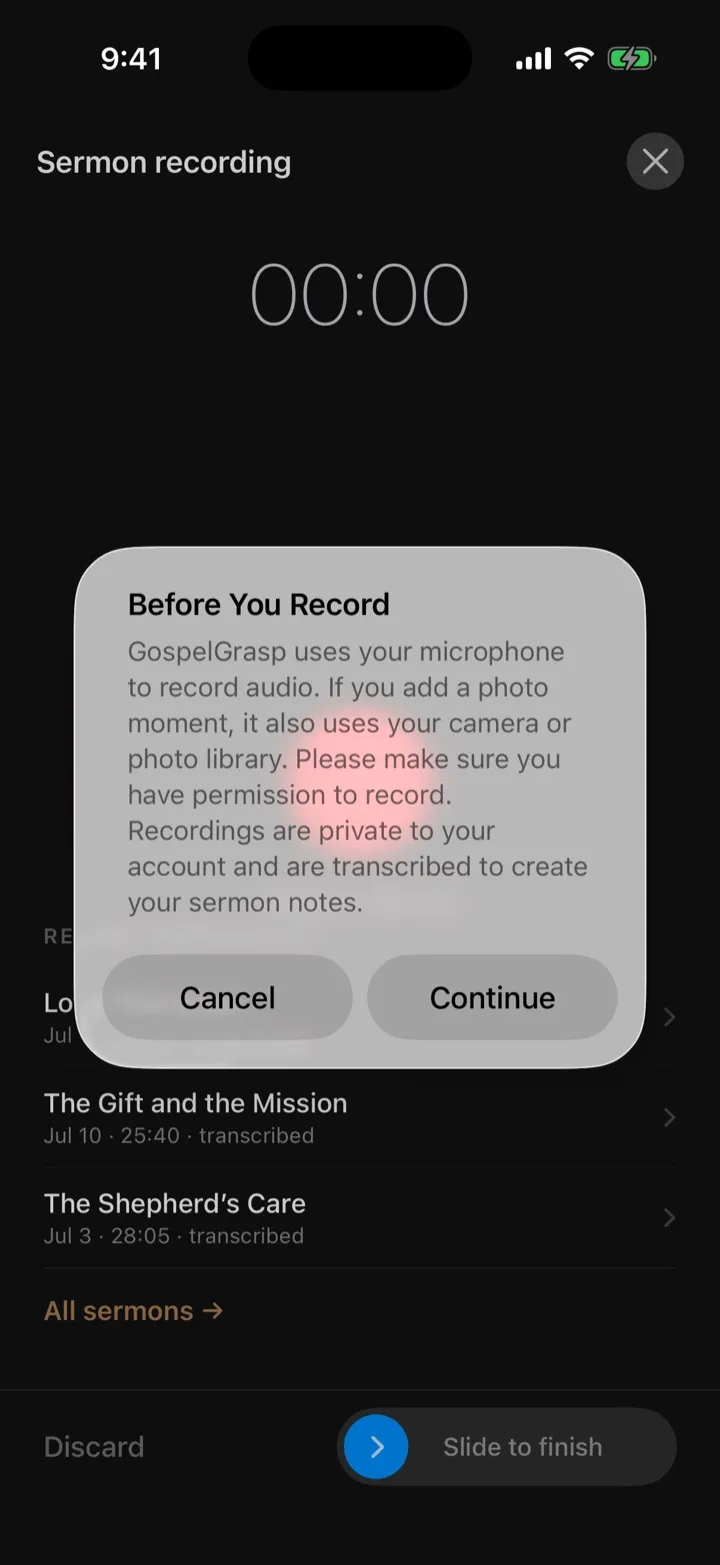 The first-recording notice explaining microphone, camera, photo-library, and privacy behavior.