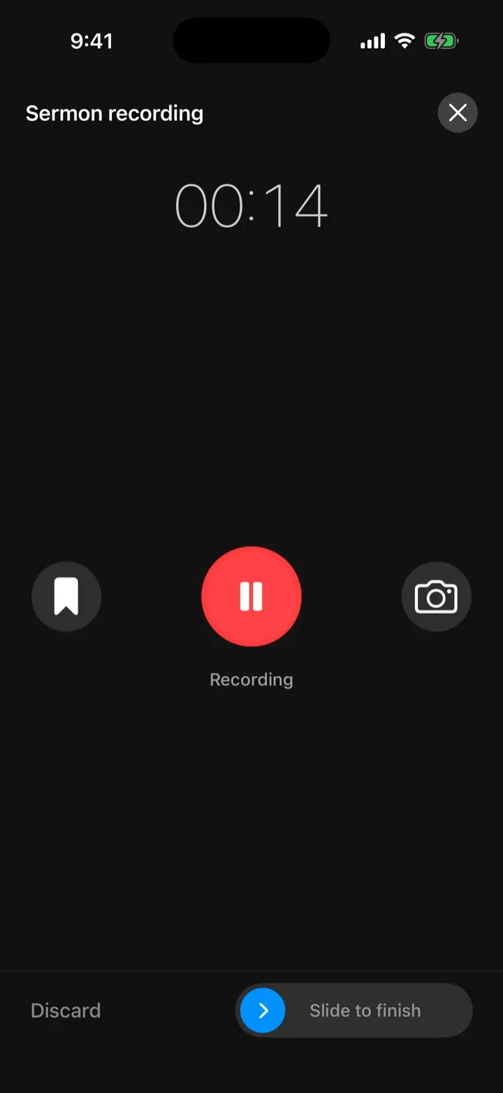 An active sermon recording with timer, marker, pause, camera, and slide-to-finish controls.