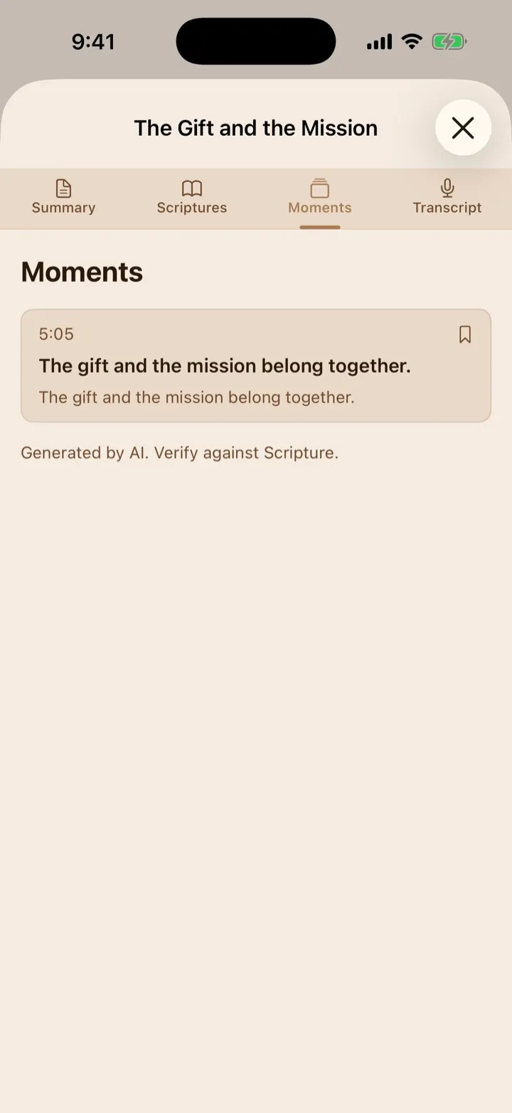 A processed sermon moment with its saved excerpt.