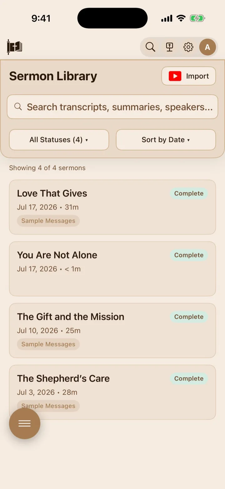The Sermon Library with search, status filters, sorting, and sample sermons.