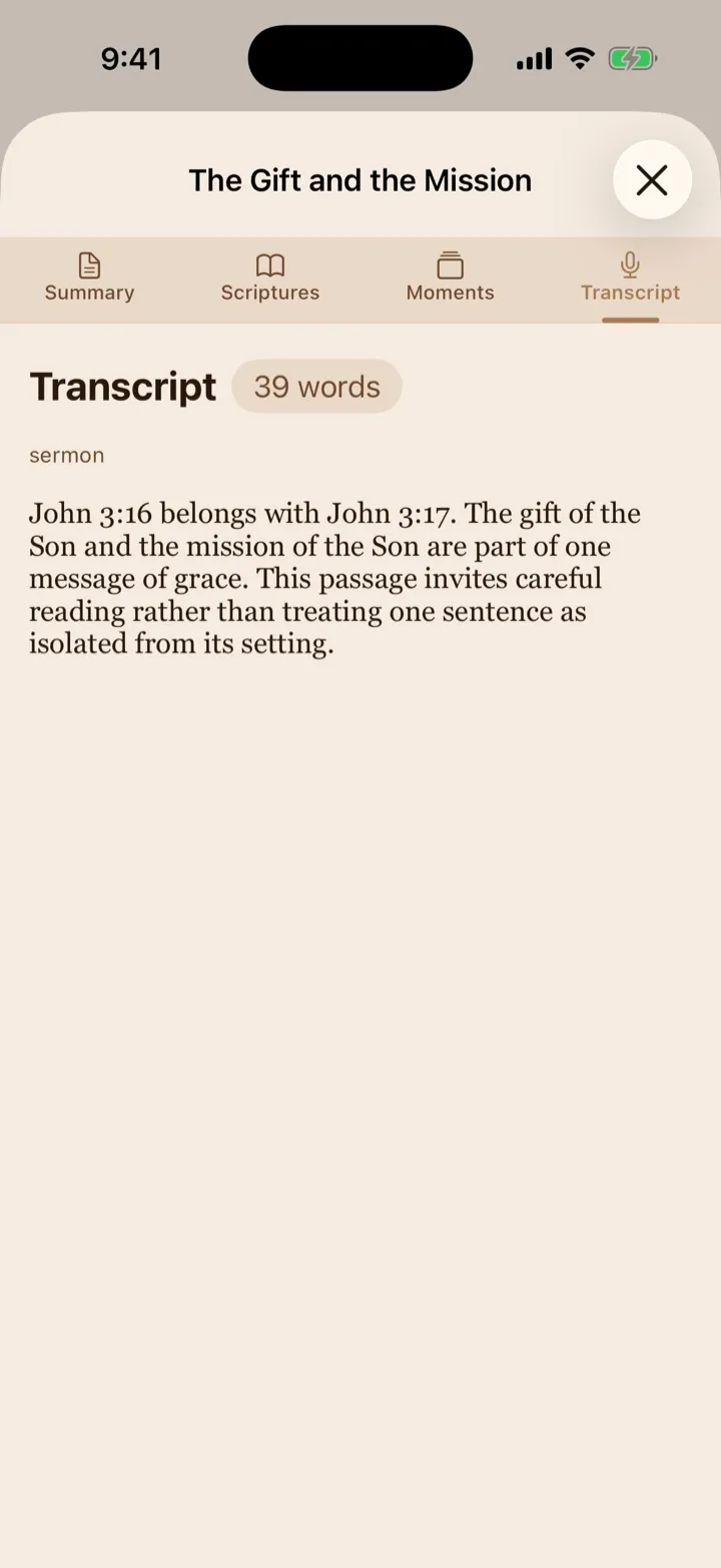 A processed sermon’s Transcript tab with the Summary, Scriptures, and Moments tabs above.