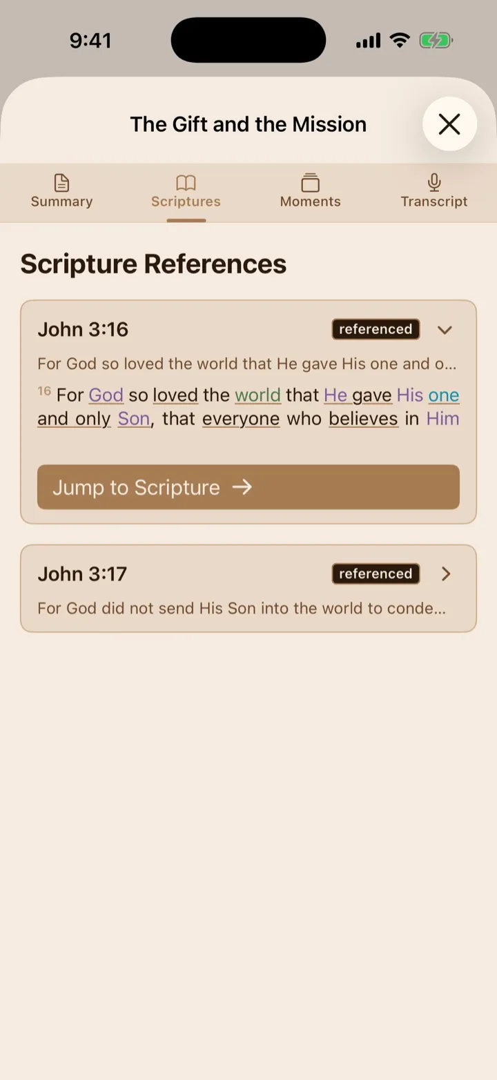 An expanded detected Scripture reference with a Jump to Scripture button.