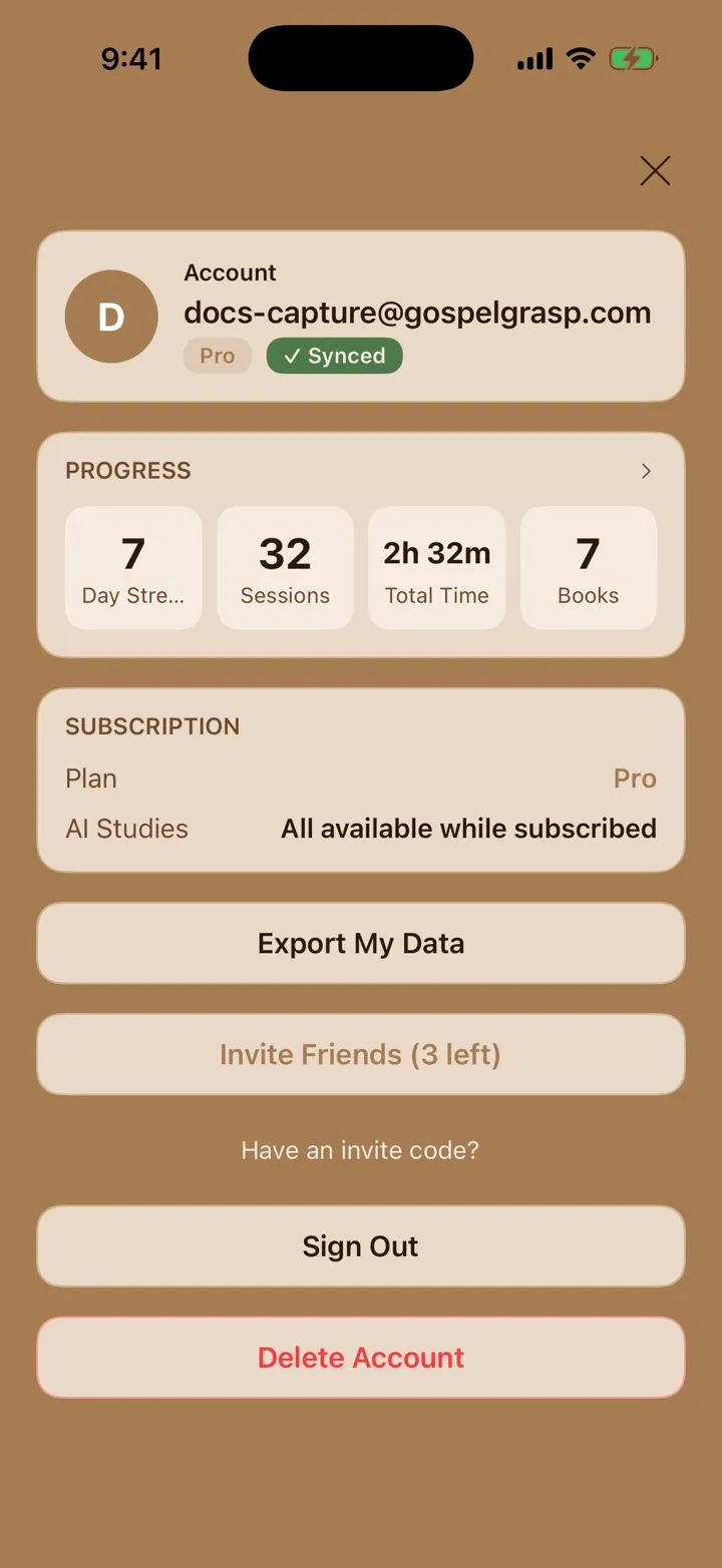 The Account panel with the Invite Friends button showing three invite uses remaining.