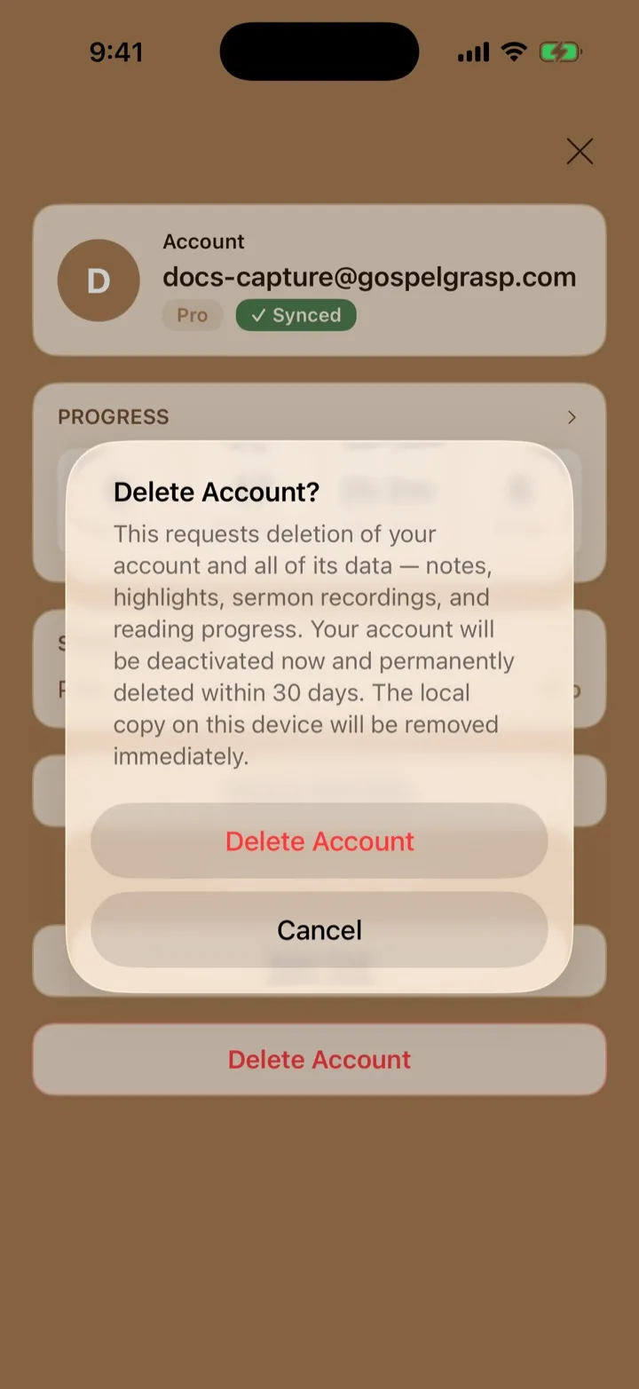 The Delete Account warning explaining immediate local removal and permanent deletion within 30 days.
